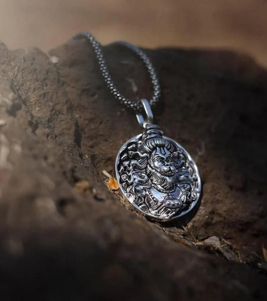 Hanuman Ji Pendant Oxidised Silver Chain